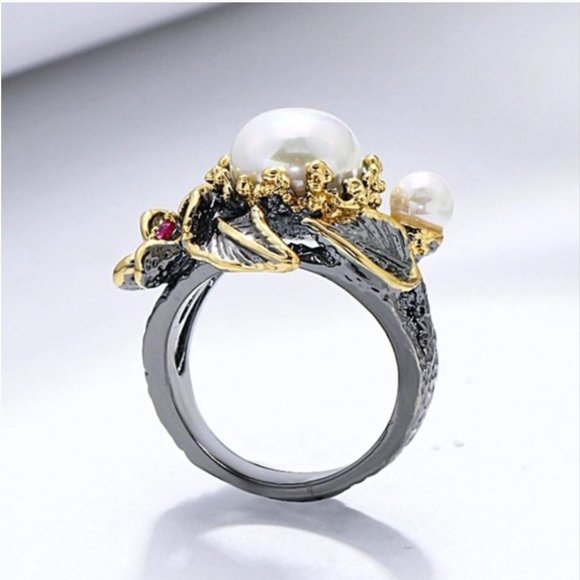 NEW Italian Jewelry Gold Flower Pearl Ring - Picture 7 of 14